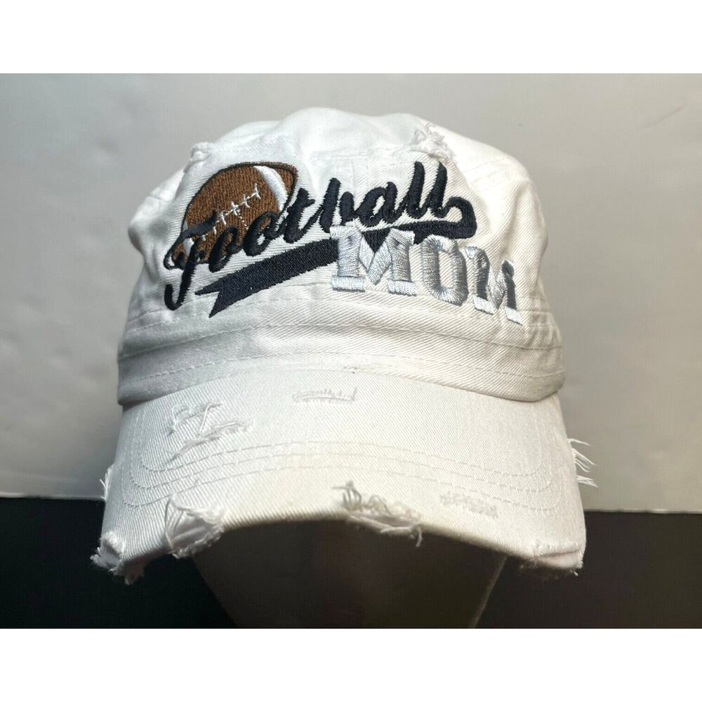 Football Mom distressed hat cap Kbethos original vintage 6" strap back white